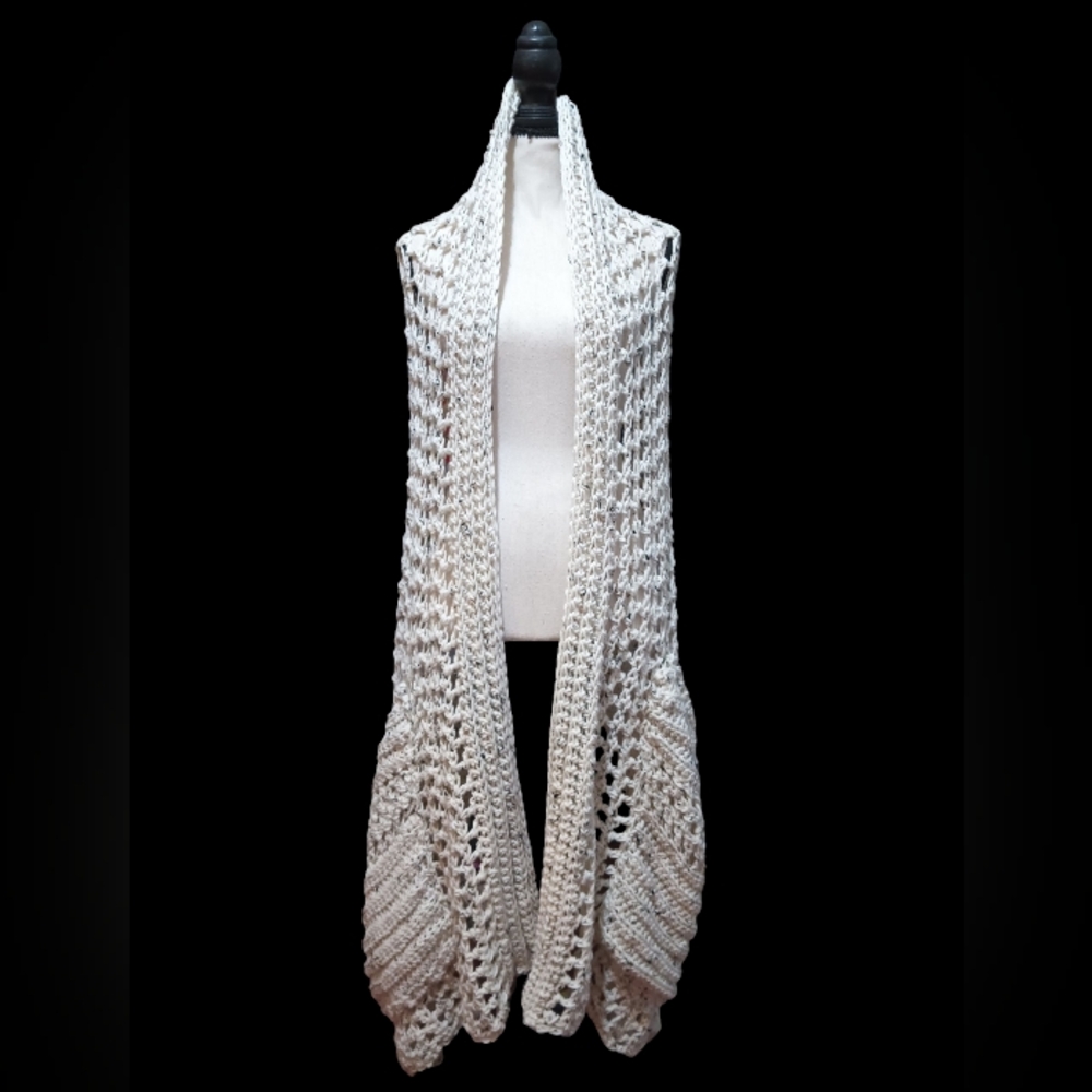 White Crochet Shawl, Wrap, Scarf With Pockets